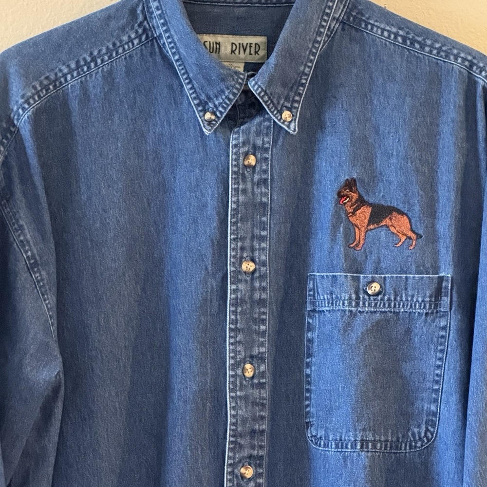Vintage Sun River XL Denim Shirt German Shepherd Embroidered Dog Western 90s